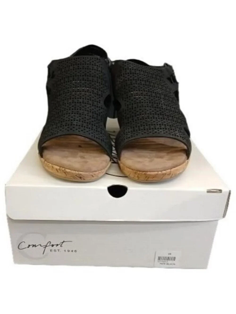 Rockport Cobb Hill Janna Black Laser-cut Nubuck Leather Slingback Wedge Sandals